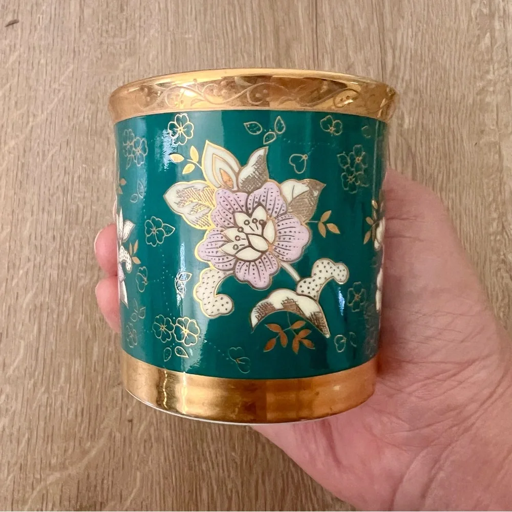 Hankook Super Bone‎ China Tea Coffee Cup, Green Pink Flower Gold Trim Vtg NWT